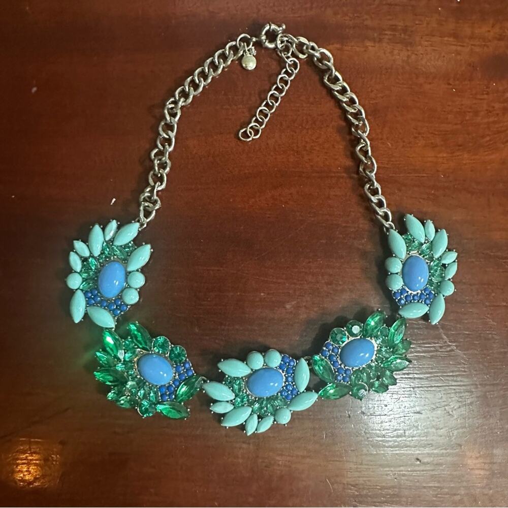 J Crew Blue Green Statement Necklace Retro Summer Casual Resort Preppy Vacation